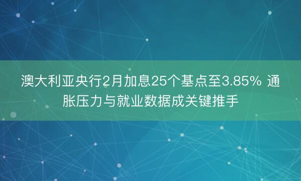 澳大利亚央行2月加息25个基点至3.85% 通胀压力与就业数据成关键推手