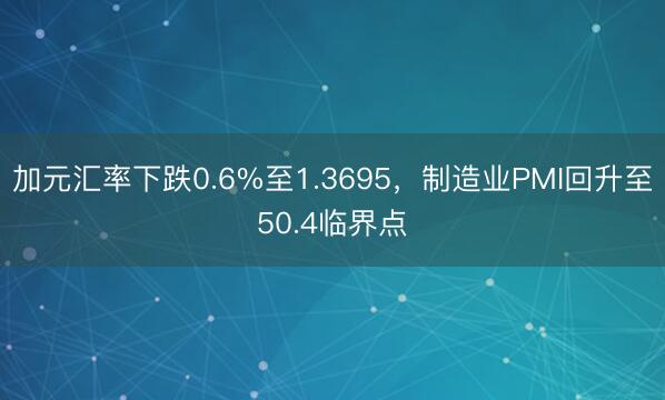 加元汇率下跌0.6%至1.3695，制造业PMI回升至50.4临界点