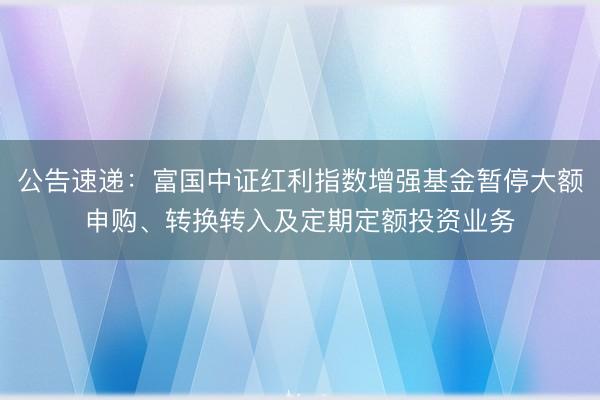 公告速递：富国中证红利指数增强基金暂停大额申购、转换转入及定期定额投资业务