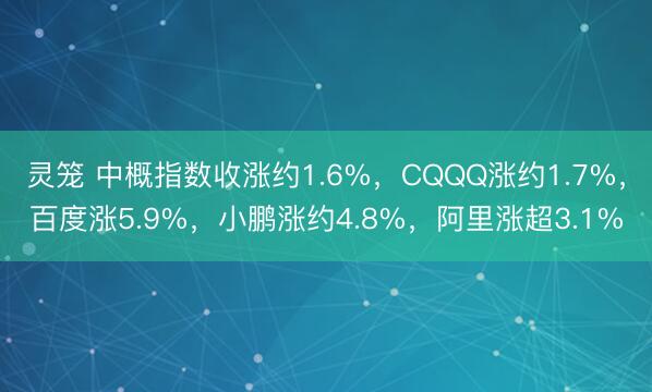 灵笼 中概指数收涨约1.6%，CQQQ涨约1.7%，百度涨5.9%，小鹏涨约4.8%，阿里涨超3.1%